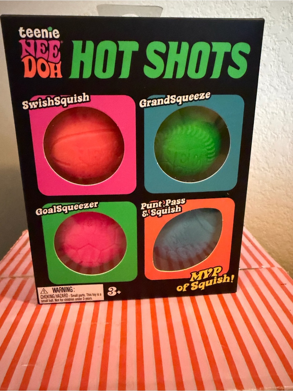 🏈🏀NEEDOH “HOT SHOTS!!” ⚾️⚽️4-Pack Squishy Balls (Pink, Red, Green, Blue)